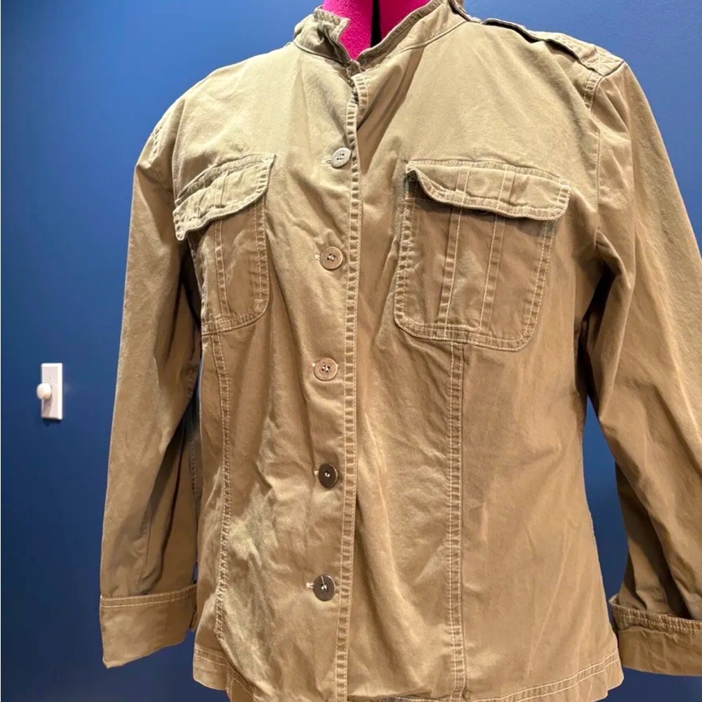 Chico’s Size Large 2 Olive Green Button Front Cotton Spandex 3/4 Sleeve Jacket